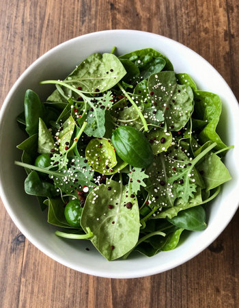 Fresh green salad with spinach, arugula, avocado and sesame seedsの写真素材