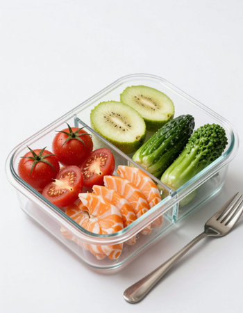 Salmon, cucumber and tomato in lunch box on white background