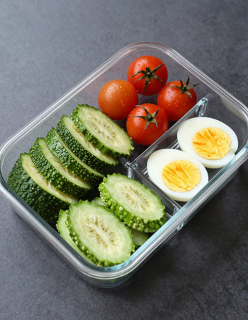 Healthy lunch box with cucumber, egg and tomatoes on grey background