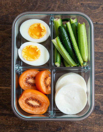 Eggs, vegetables in plastic container on wooden background