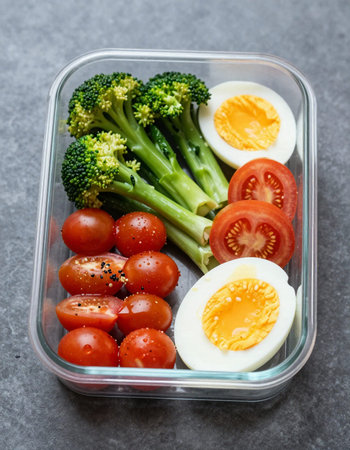 Healthy lunch box with boiled egg, broccoli and cherry tomatoes.の写真素材