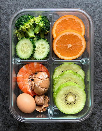 Healthy lunch box with fresh vegetables and fruits. Top view.の写真素材