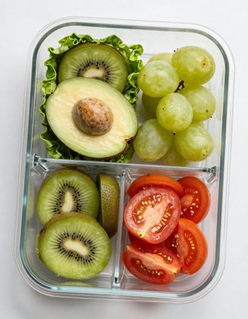 Healthy lunch box with fruits and vegetables isolated on white background.の写真素材