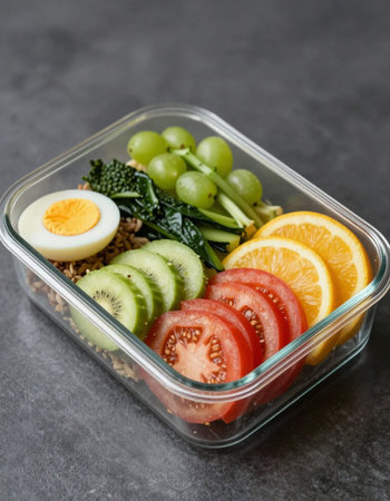 Healthy lunch box with quinoa, spinach, fruit and egg