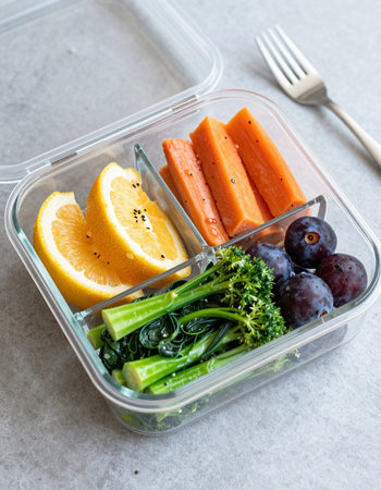 Healthy Lunch Box with Fruits and Vegetables. Healthy Eating Concept.の写真素材