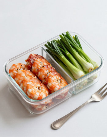 Sushi and vegetables in a plastic container on a white background.の写真素材