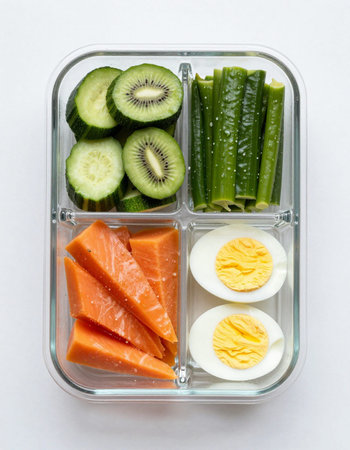 Sliced smoked salmon with egg and cucumber