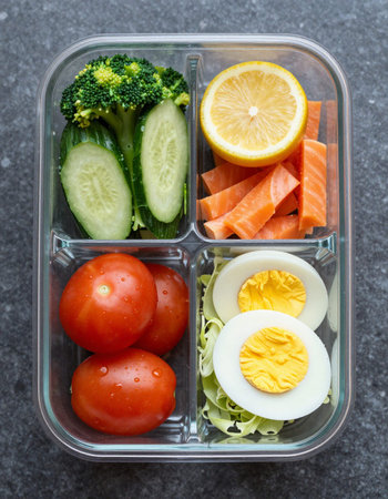 Healthy lunch box with fresh vegetables and eggs, top view.の写真素材