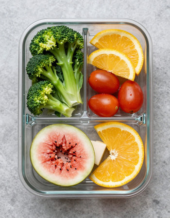 Healthy lunch box with fruits and vegetables, top view, copy space