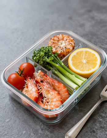 Lunch box with shrimps, prawns and vegetables on dark background