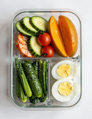 Healthy food in lunch box on white background. Top view.