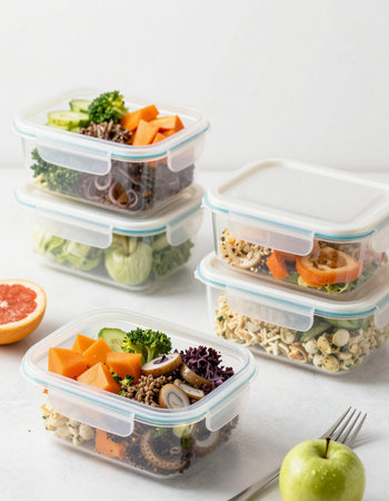 Healthy lunch box with fresh vegetables and muesli on white background