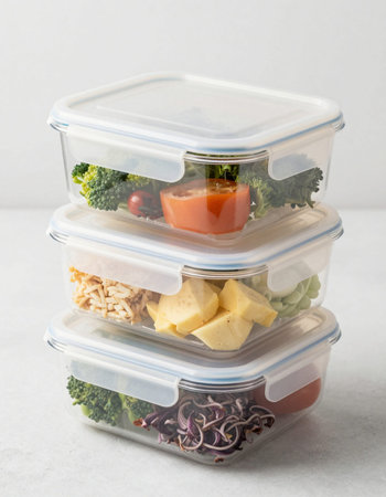 Healthy food in plastic containers on a light background. Healthy eating concept.の写真素材