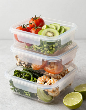 Healthy food in plastic containers on light background. Diet concept.