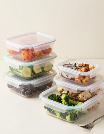 Healthy food in plastic containers on white background. Diet concept.