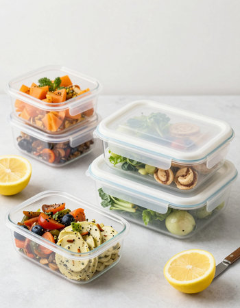 Healthy lunch boxes with vegetable salad, feta cheese, cherry tomatoes, mushrooms and herbs in plastic containers over white marble background.の写真素材