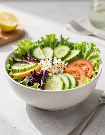 Fresh salad with cucumber, tomato and sesame seeds in white bowl