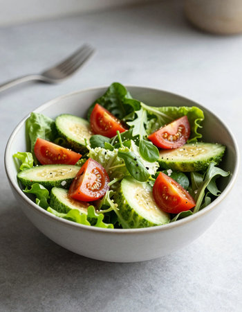 Fresh salad with cucumber, tomato in a bowl on a light background
