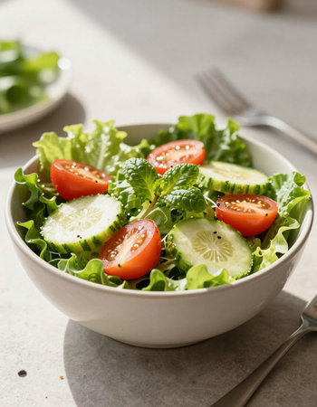 Fresh vegetable salad with tomatoes, cucumbers and lettuce in a bowl