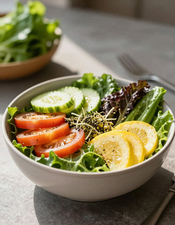 Fresh vegetable salad with tomato, cucumber and lettuce in a bowlの写真素材