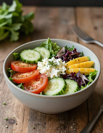 Fresh vegetable salad with feta cheese, tomatoes, cucumbers and lettuceの写真素材