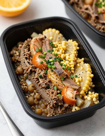 Buckwheat with beef and vegetables in lunch box