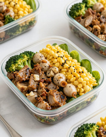 Healthy meal prep containers with meat, mushrooms, corn and sweetcornの写真素材