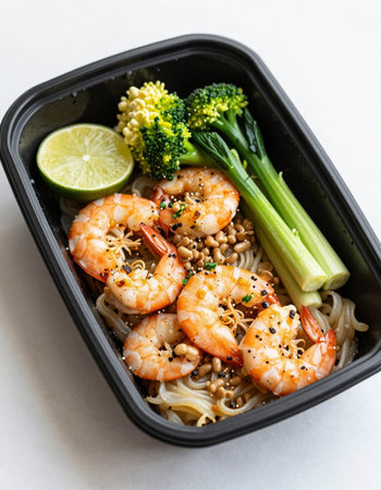 Baked Shrimp with Rice Noodles, Broccoli and Limeの写真素材