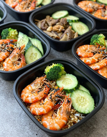 Healthy lunch box with shrimps, rice and vegetables.の写真素材