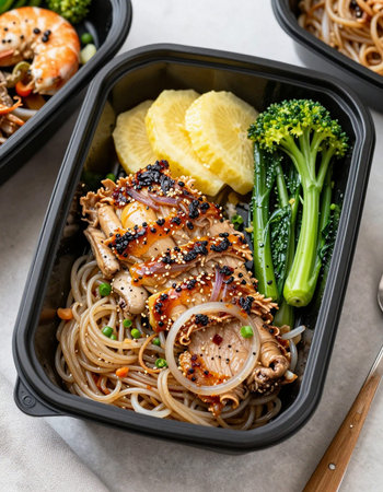 Noodle with teriyaki chicken and vegetables in lunch box