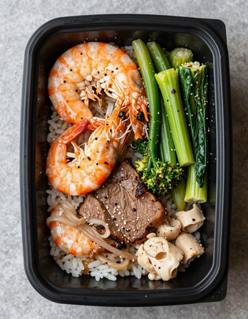 Shrimps, meat, and vegetables with rice in take away boxの写真素材