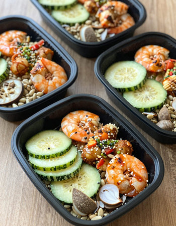 Healthy take away lunch box with prawns, quinoa, cucumber and sesame seedsの写真素材