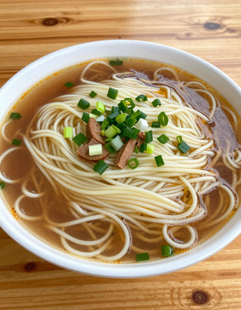 Japanese udon noodle soup in bowl on wooden table, top view