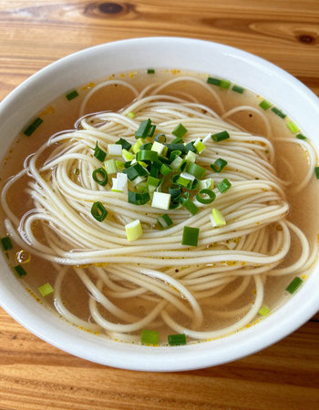 Japanese noodle soup with green onion in white bowl on wooden table