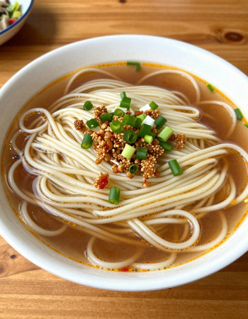 Japanese udon noodle soup in a bowl on a wooden table