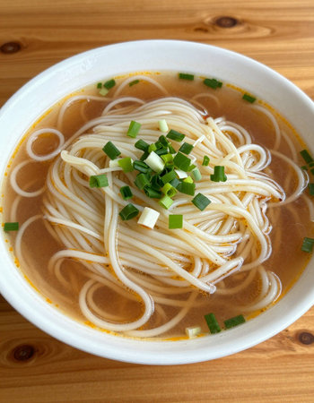 Japanese ramen noodle soup with green onion in bowl on wooden table
