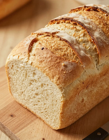 loaf of white bread on a cutting board, close-up