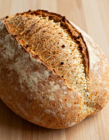 loaf of bread on wooden table, close-up, horizontal