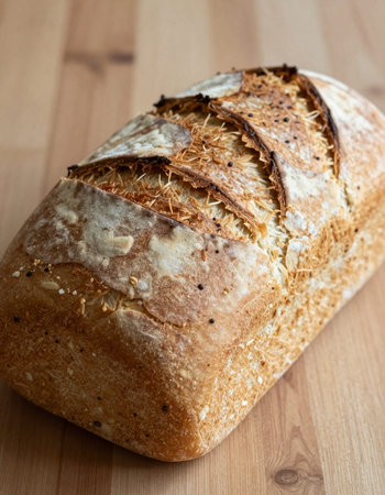 Freshly baked sourdough bread on wooden table, closeupの写真素材