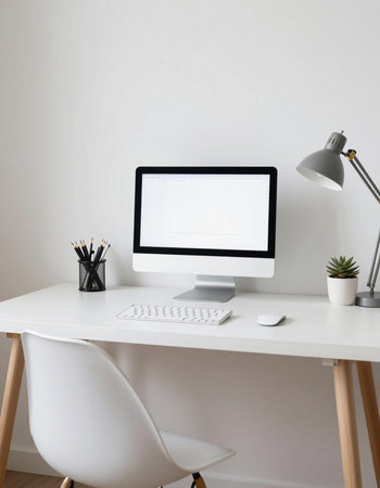 Modern workspace with blank screen computer, supplies and coffee cup on white table