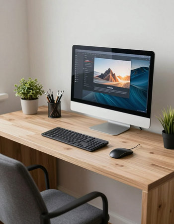 Workplace with modern computer and graphics tablet on wooden desk in office