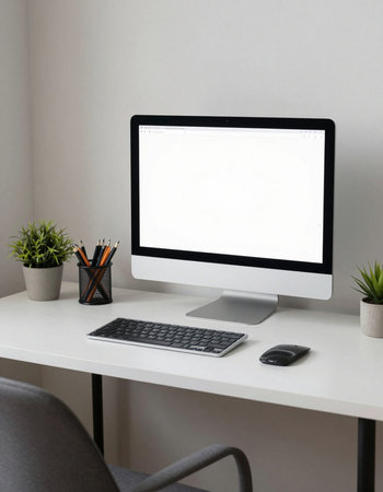 Workspace with computer, keyboard, mouse, stationery and plant