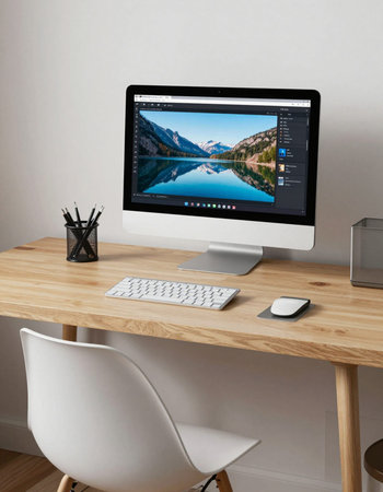 Modern workplace with computer, keyboard and mouse. 3d rendering.