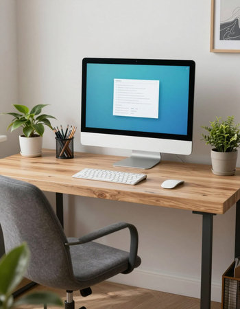 Workplace with computer and stationery on wooden table in home office
