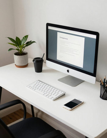 Workplace with computer, smartphone and coffee cup on the table.