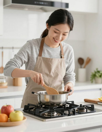 young asian woman cooking in the kitchen at home, healthy food concept