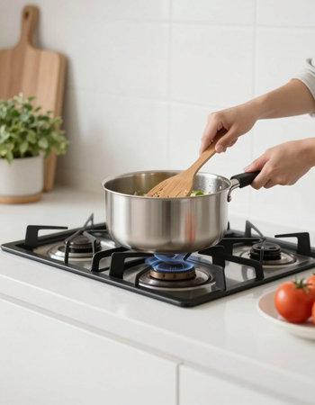 Woman cooking soup in pot on gas stove in kitchen, closeupの写真素材