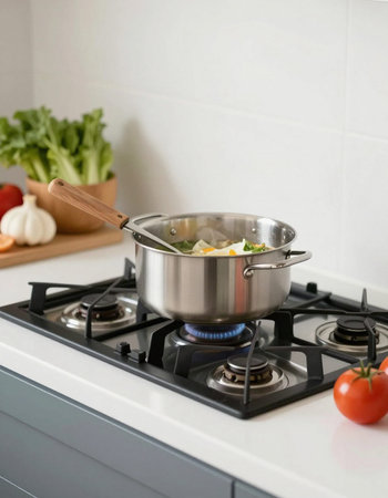 Stainless steel cooking pot on a gas stove in the kitchenの写真素材