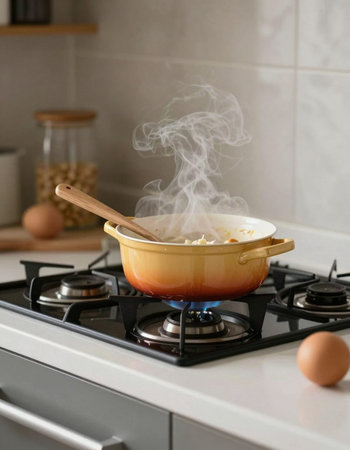 cooking pot with boiling water on a gas stove in the kitchenの写真素材