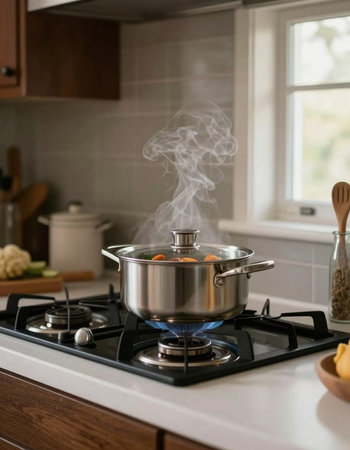 Saucepan with steam on a gas stove in the kitchen